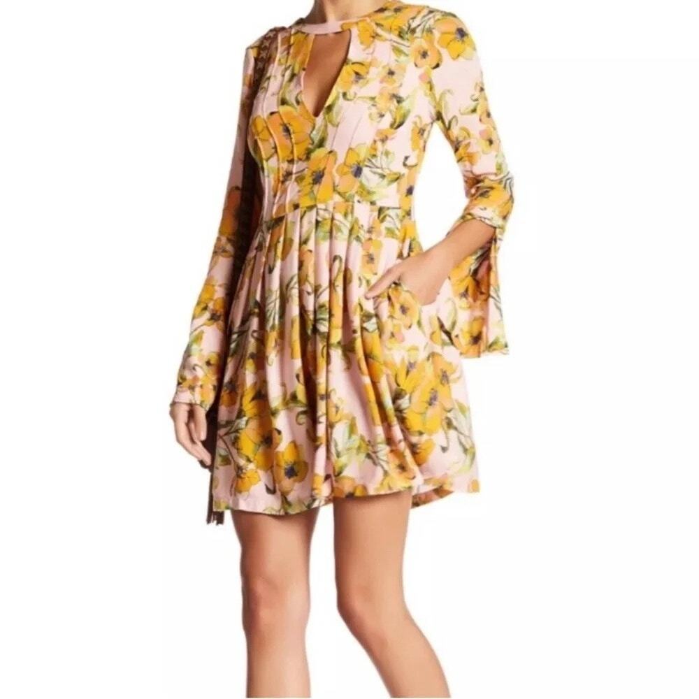 Free People Size 12 Pink Orange Floral Rayon Midi Dress Keyhole Boho